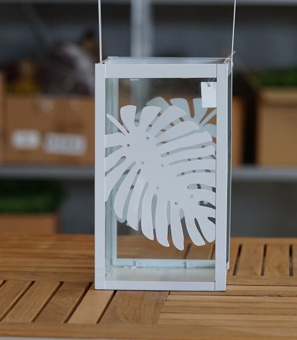 Laterne Weiss Monstera Blatt Windlicht 15x15x26cm Deko NEU