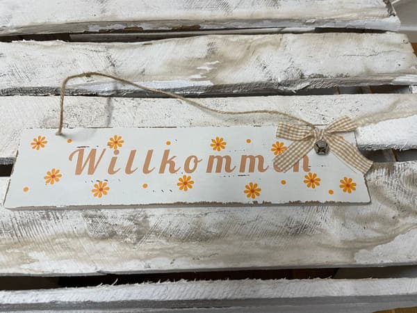 Tuerschild Willkommen Holz Deko Schild Blumen 30x7.5cm NEU