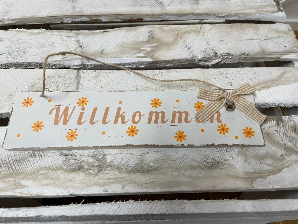 Tuerschild Willkommen Holz Deko Schild Blumen 30x7.5cm NEU